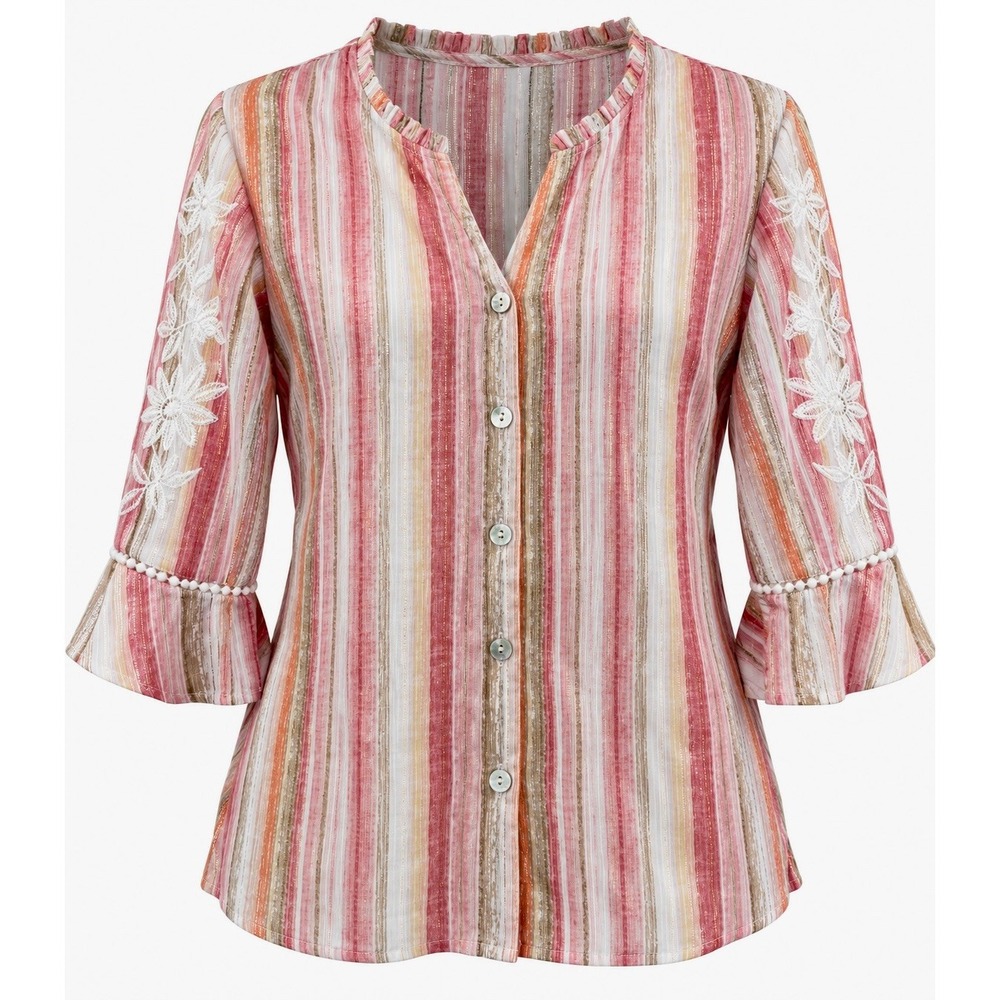 Alfred Dunner Womens Medium Striped Embroidered Bell Sleeve Metallic Blouse